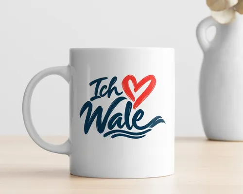 Weiße Tasse mit dem Schriftzug „Ich ❤ Wale“
